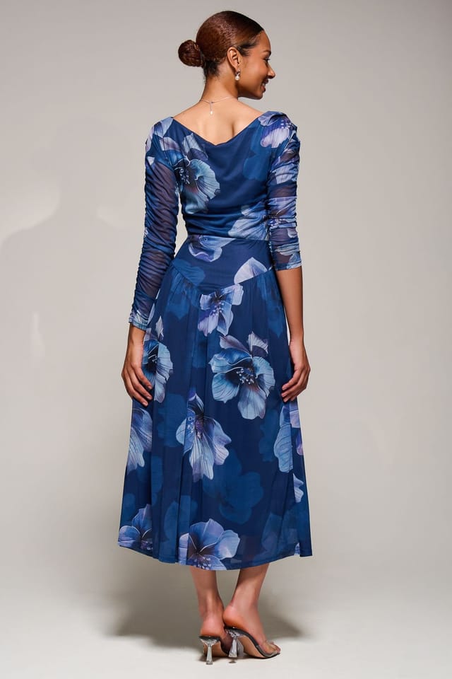 Jolie Moi Jolie Moi Women's Long Sleeve Asymmetric Mesh Midi Dress in Blue - 2