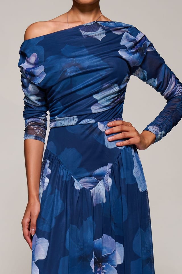 Jolie Moi Jolie Moi Women's Long Sleeve Asymmetric Mesh Midi Dress in Blue - 3