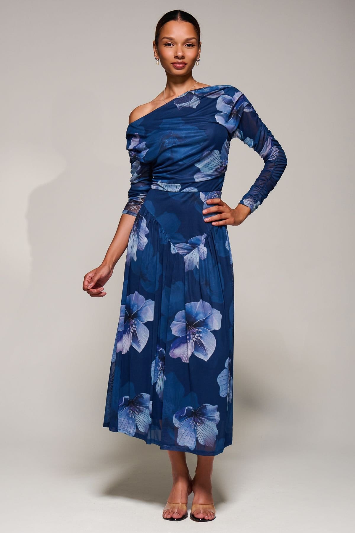 Jolie Moi Jolie Moi Women's Long Sleeve Asymmetric Mesh Midi Dress in Blue - 4