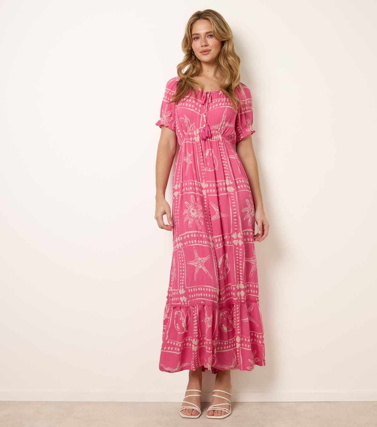 Blue Vanilla Women's Light Pink Starfish Print Tie Front Maxi Dress Blue Vanilla New Look