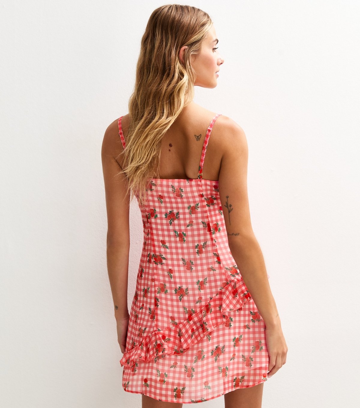 New Look Women's Pink Gingham Rose Print Frill Trim Mini Dress New Look - 4