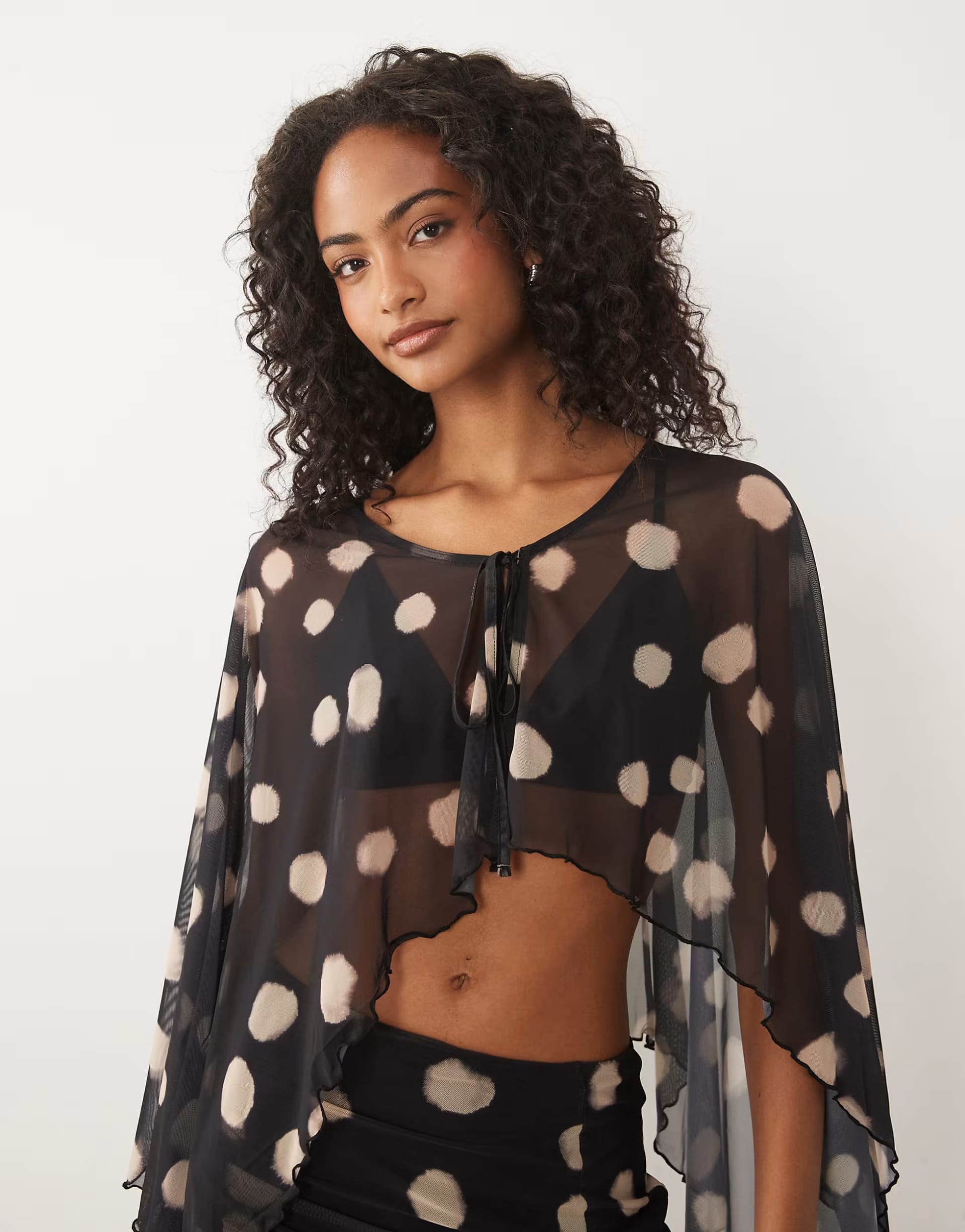 ASOS DESIGN co-ord printed mesh caped tie front top in mono spot print