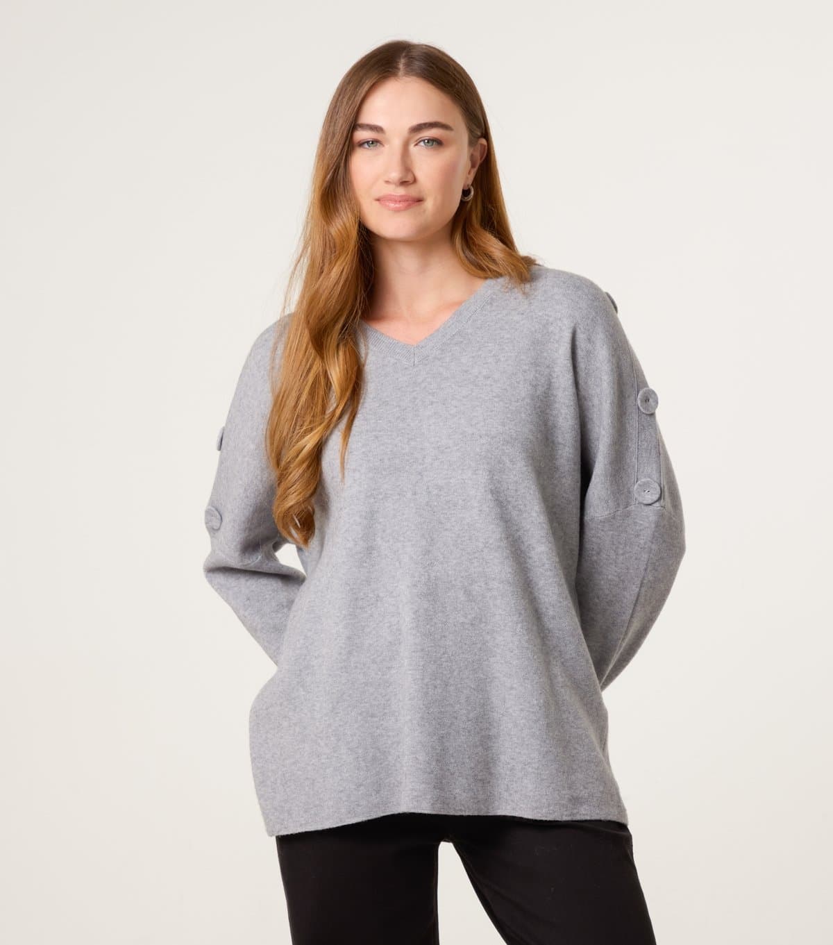 Blue Vanilla Women's Light Grey V Neck Button Detail Jumper Blue Vanilla New Look