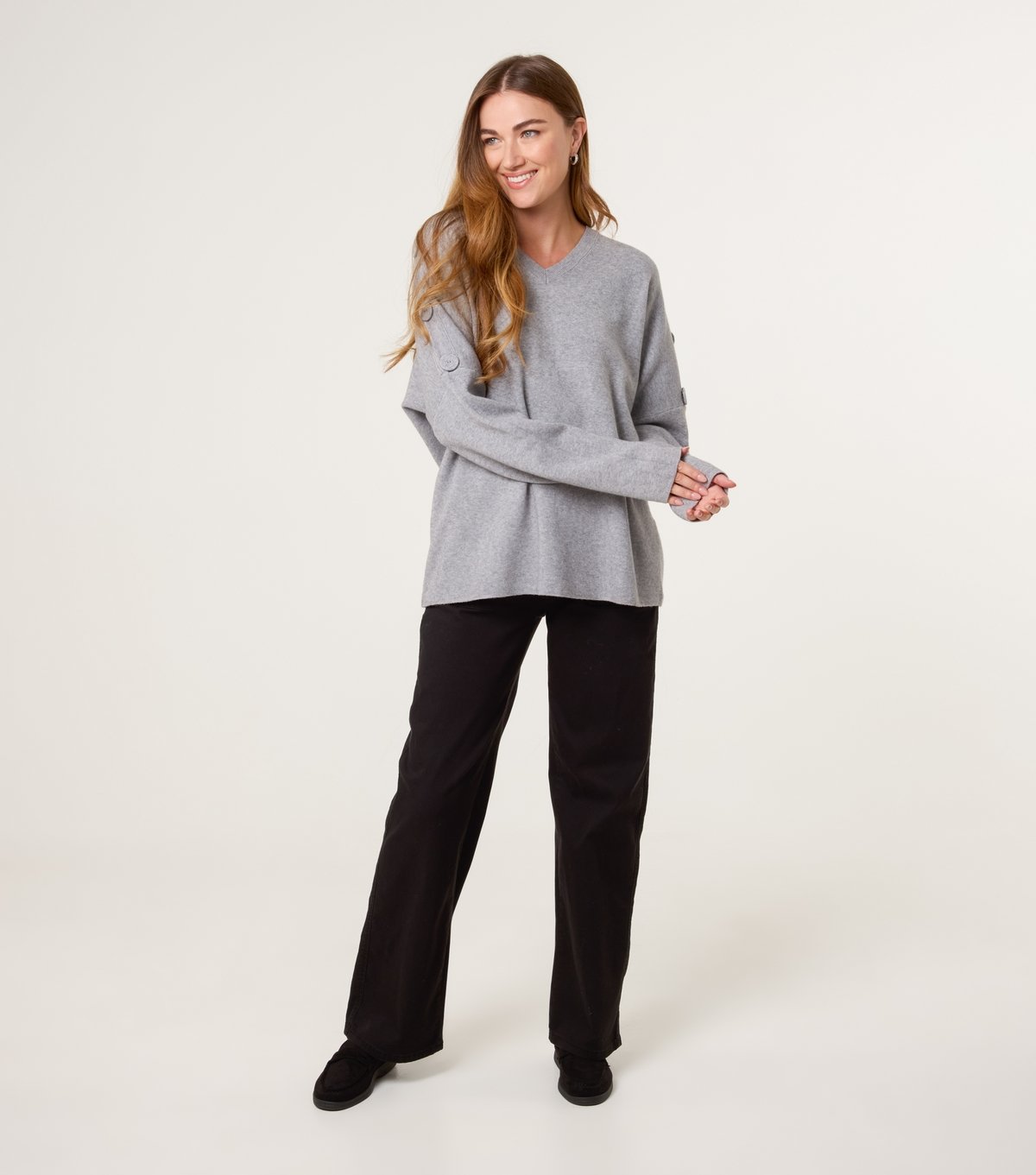 Blue Vanilla Women's Light Grey V Neck Button Detail Jumper Blue Vanilla New Look - 2