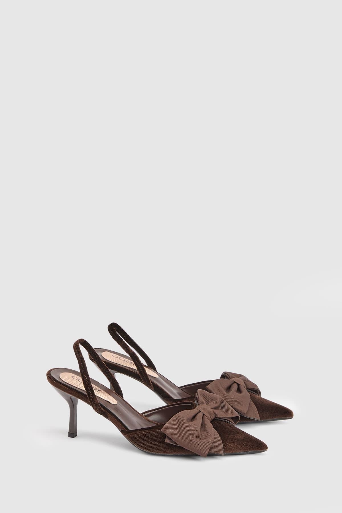 Coast Coast Women's Lina Velvet Slingback Bow Detail Medium Stiletto Heel Court Shoes in Chocolate