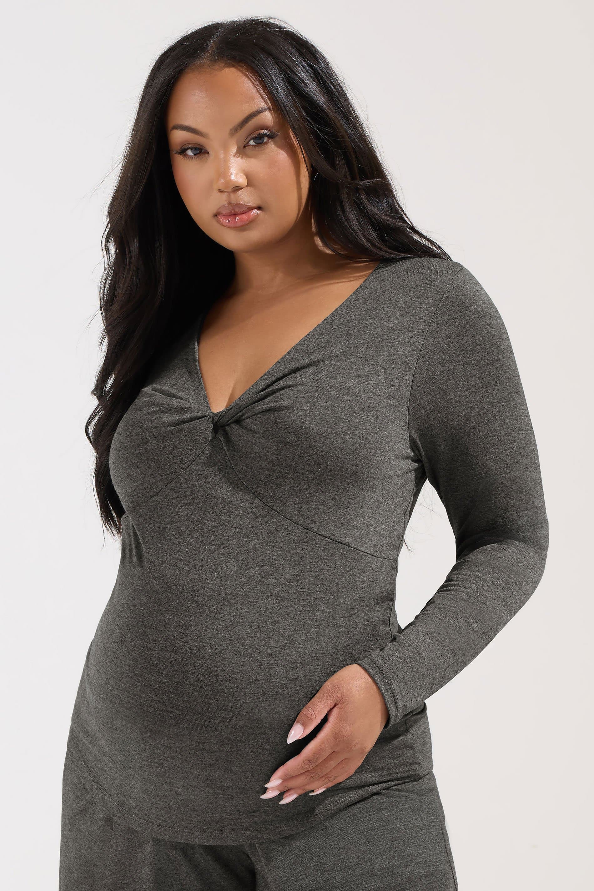 Bump It Up Maternity Plus Size Charcoal Grey Twist Front Top