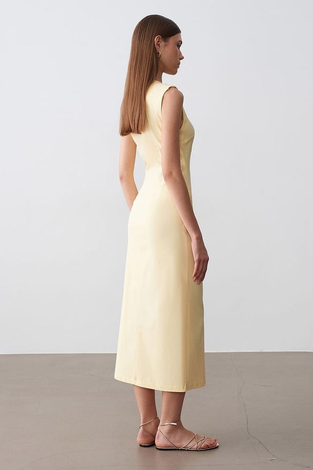 Dilvin Dilvin Women's Fitted Sleeveless Midi Dress With Slit in Lemon - 2