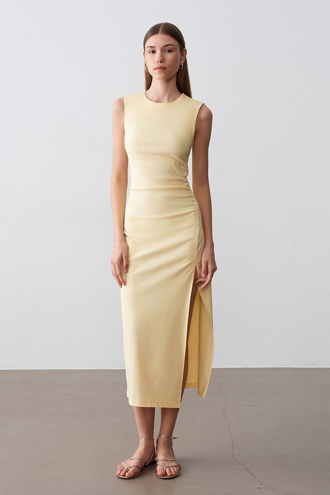 Dilvin Dilvin Women's Fitted Sleeveless Midi Dress With Slit in Lemon - 4