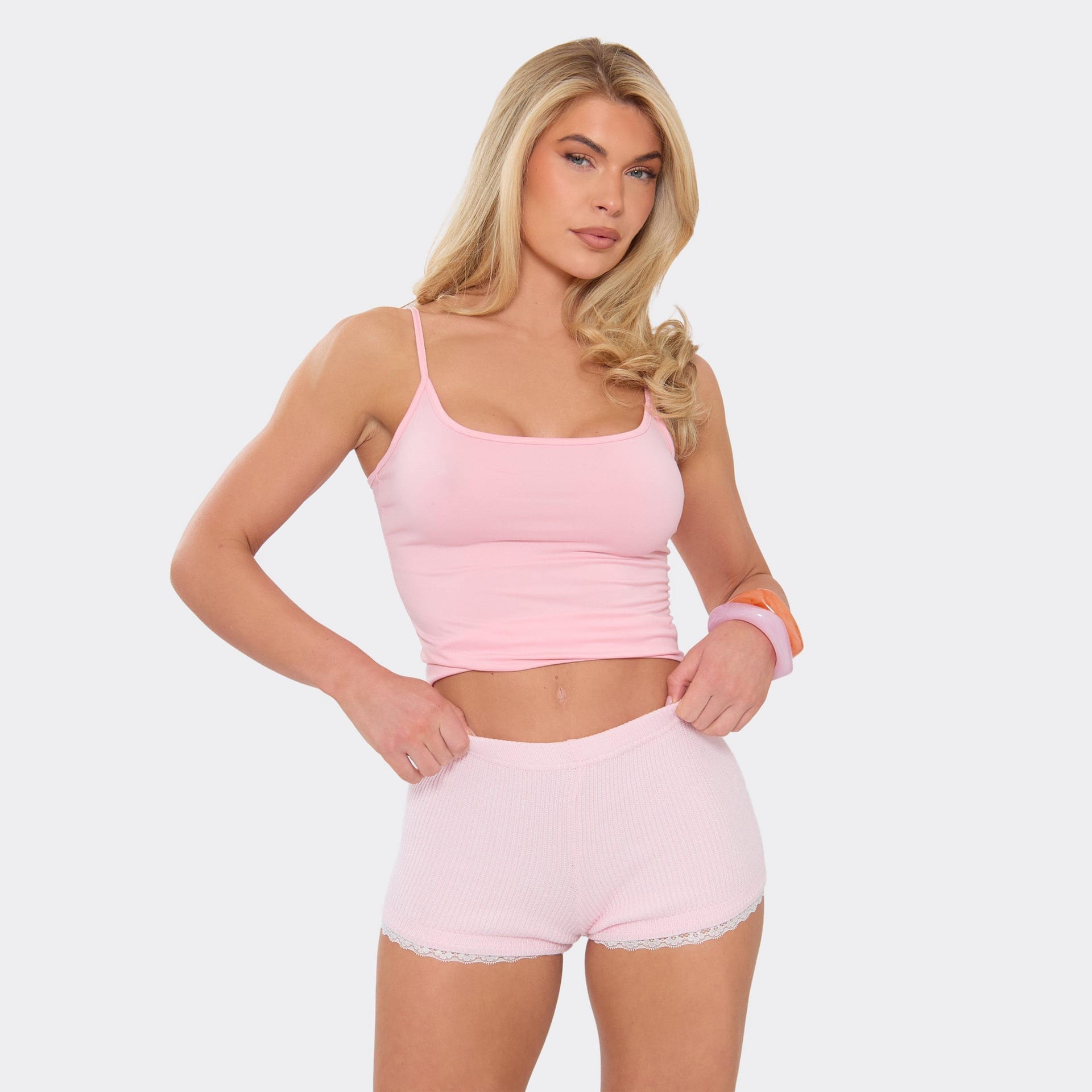 EGO Pink Knit Lace Trim Mini Shorts For Women