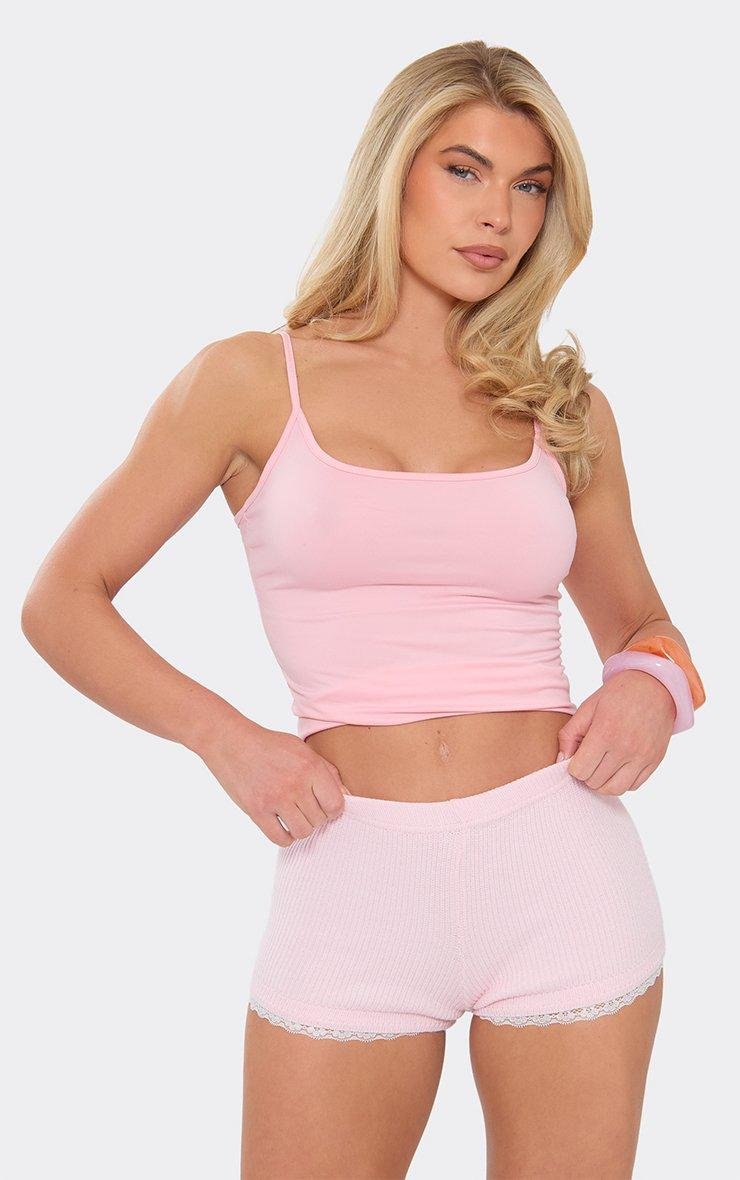 EGO Lace Trim Mini Shorts In Pink Knit, Women's Size UK L - 2
