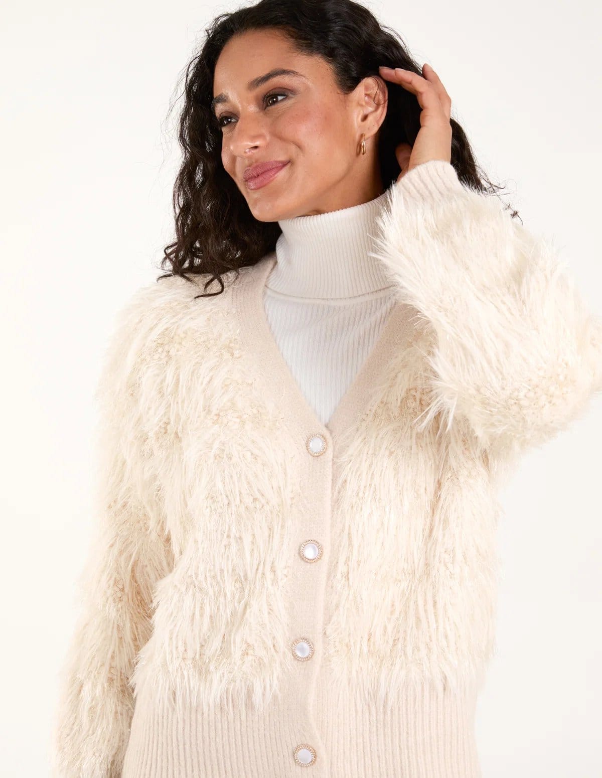 Fluffy Pearl Button Cardigan