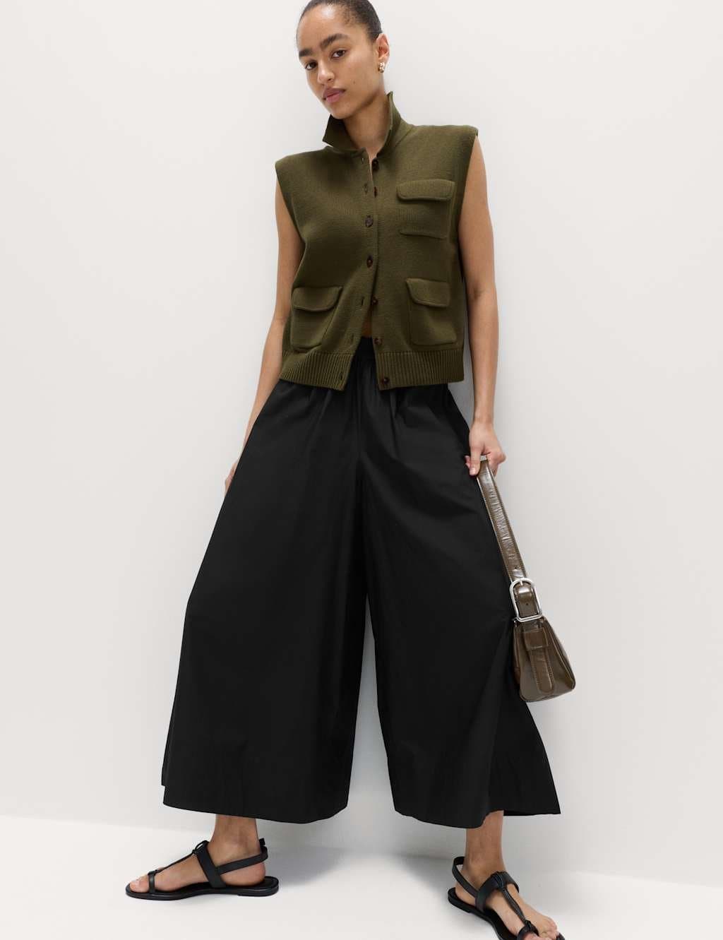 Marks & Spencer M&S Pure Cotton Cropped Palazzo Trousers Black