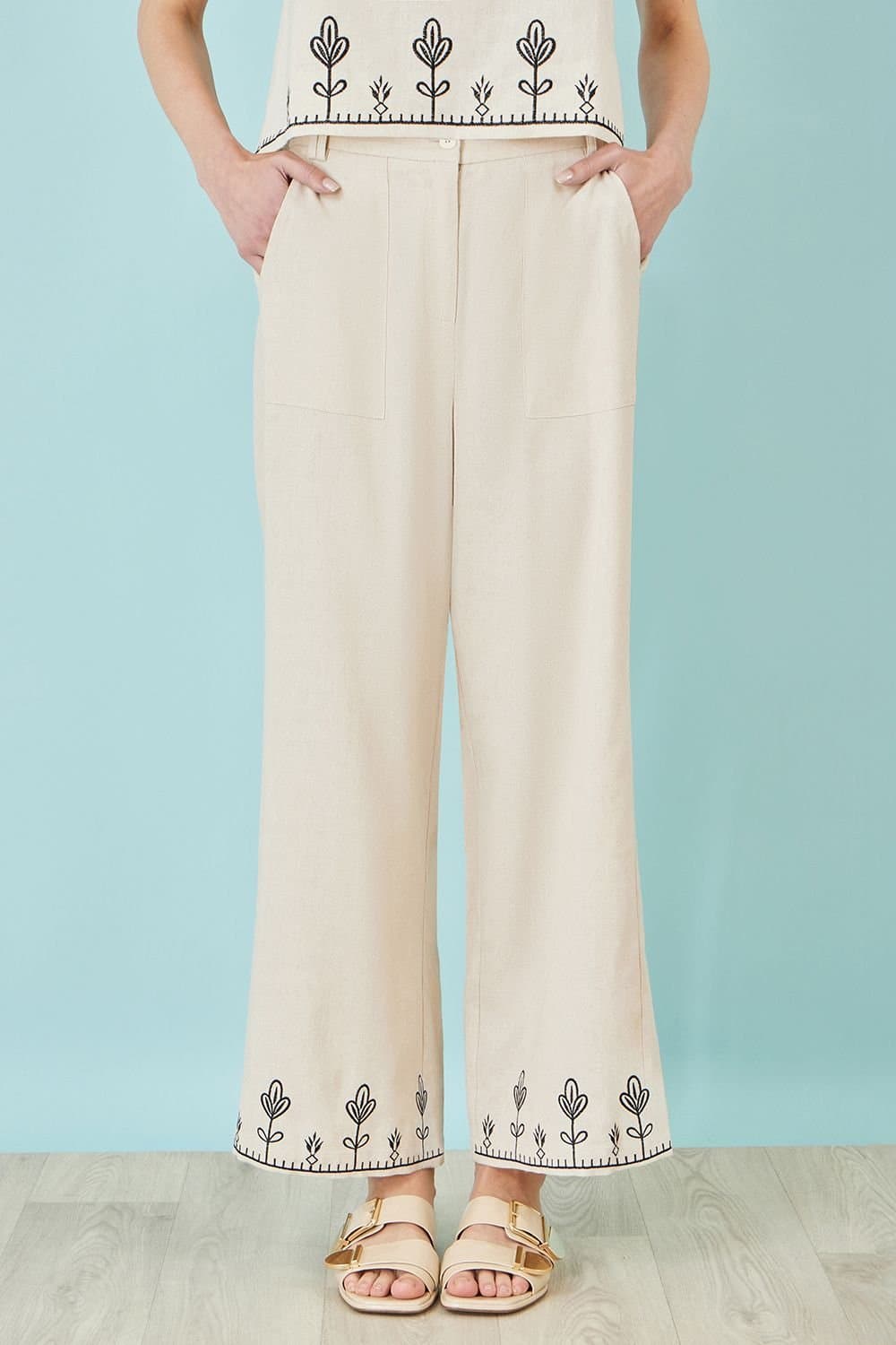 Yumi Yumi Women's Ivory Linen Mix Embroirdered Trousers