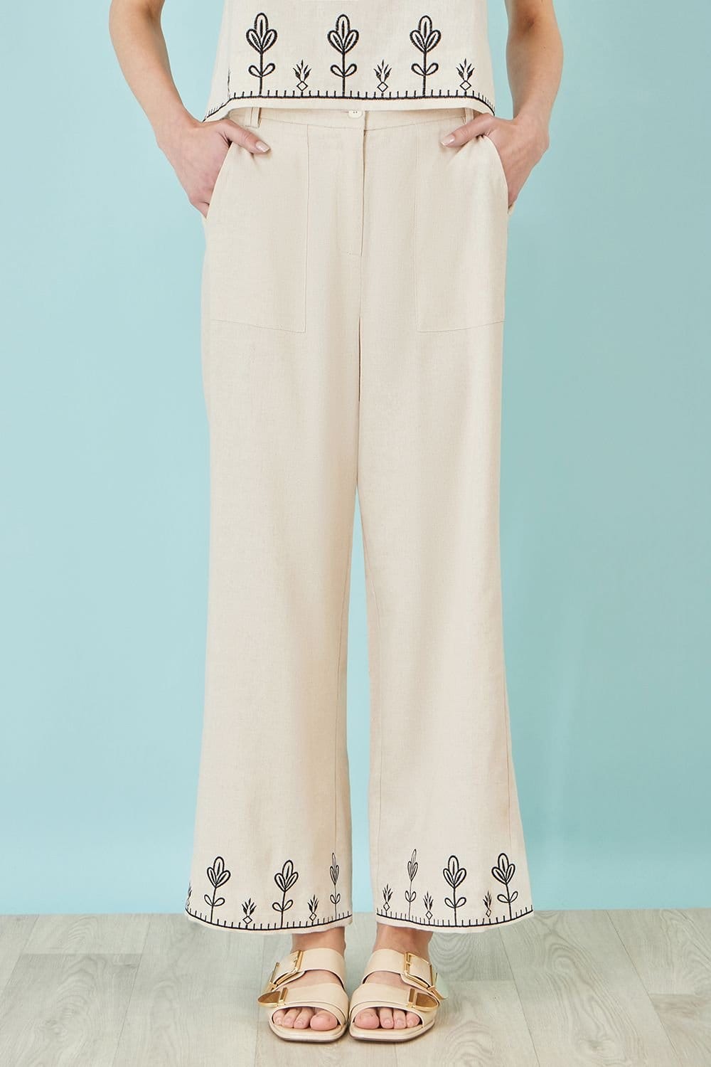 Yumi Ivory Linen Mix Embroidered Trousers