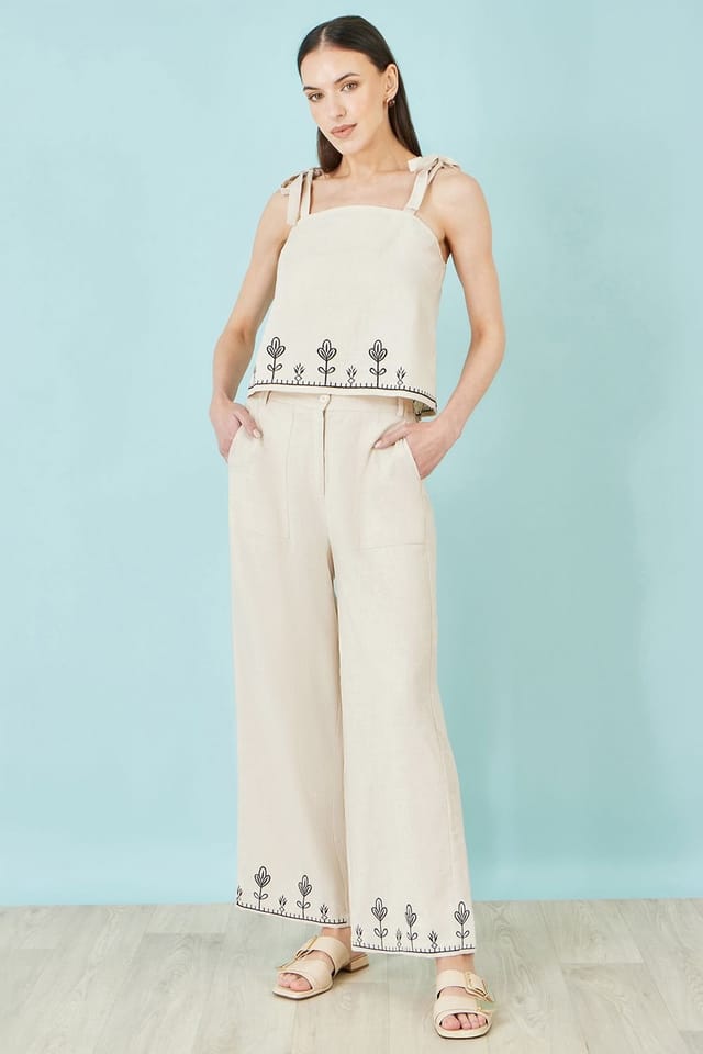 Yumi Yumi Women's Ivory Linen Mix Embroirdered Trousers - 2