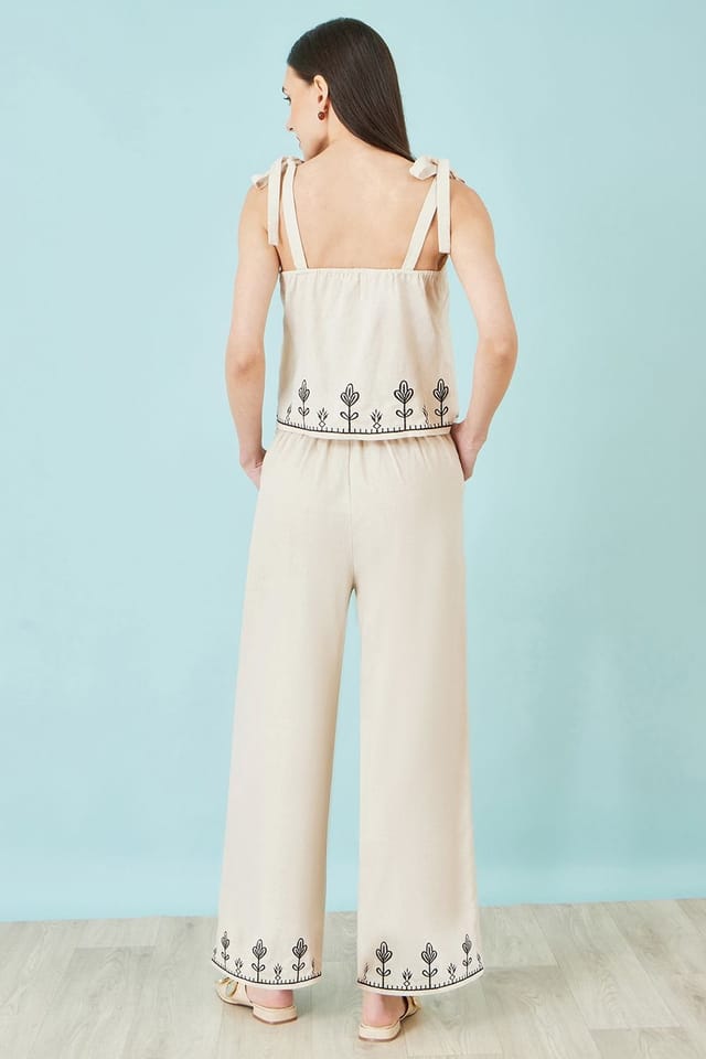 Yumi Yumi Women's Ivory Linen Mix Embroirdered Trousers - 3