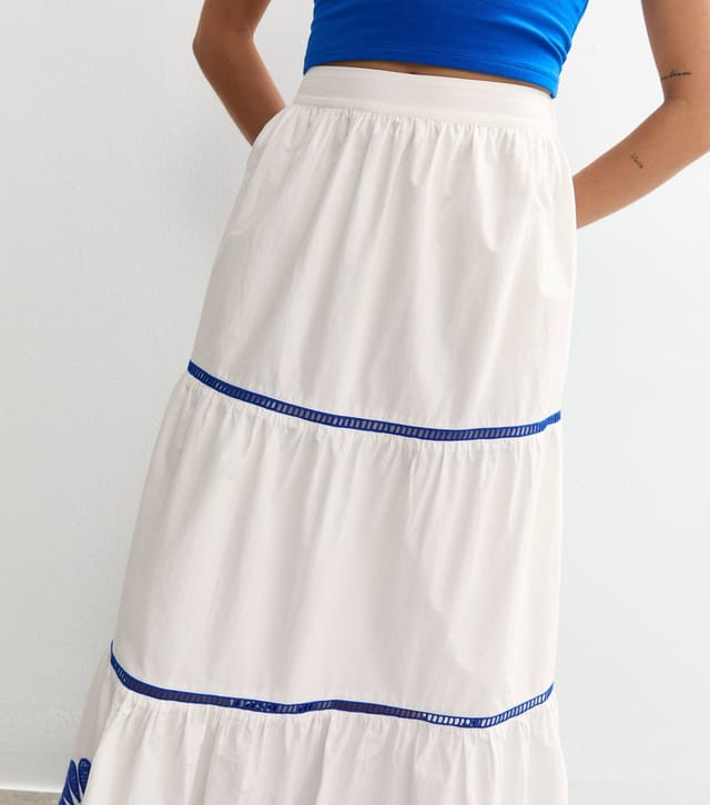 New Look Women's White Contrast Trim Embroidered Hem Midi Skirt New Look - 2