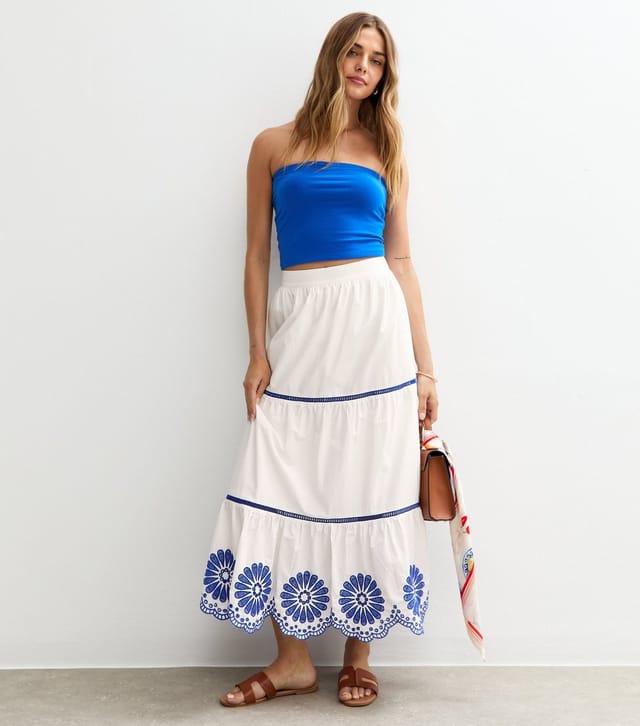 New Look Women's White Contrast Trim Embroidered Hem Midi Skirt New Look - 3