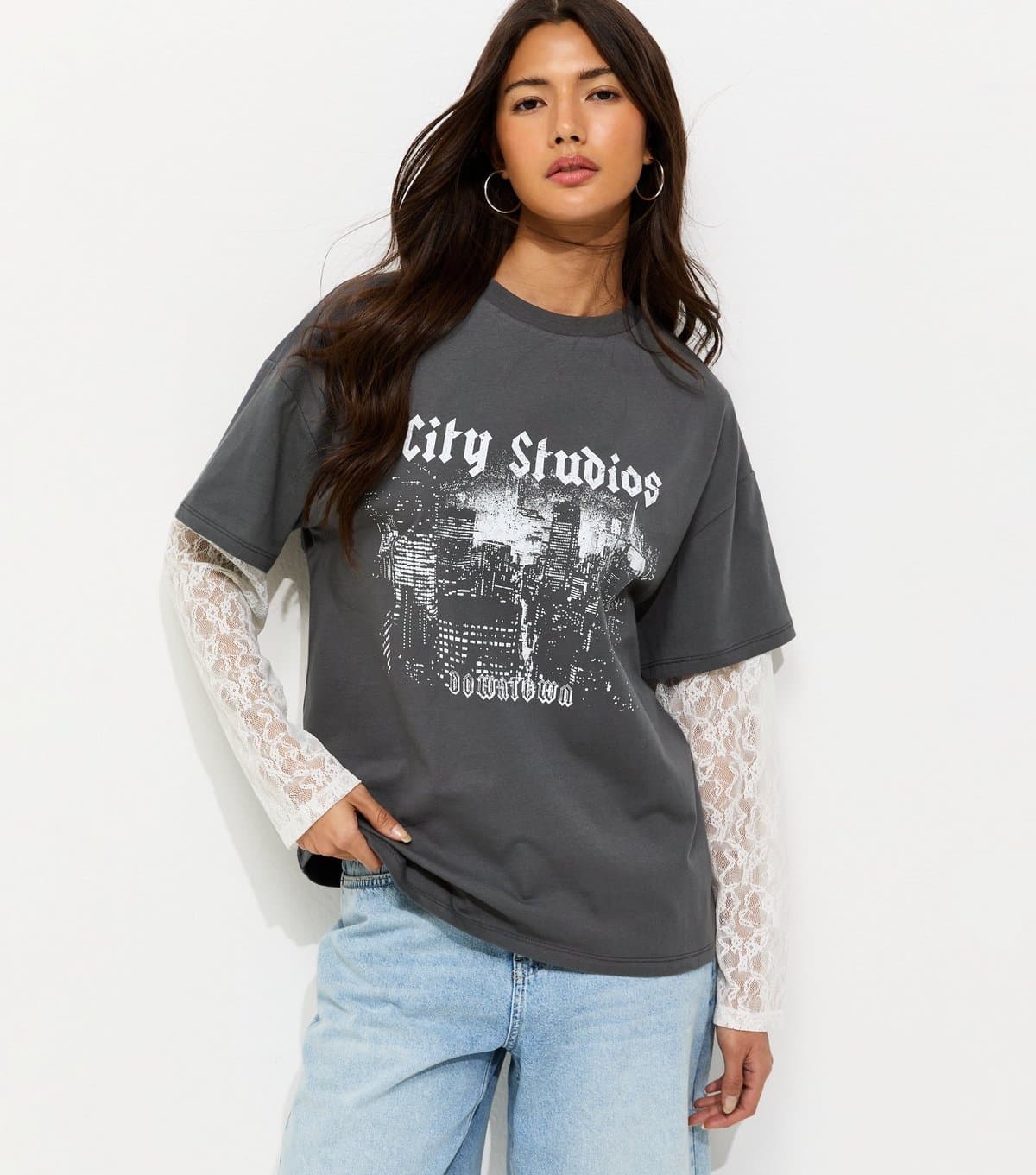 New Look Women's Dark Grey City Studios Print Lace Sleeve 2 In 1 T-Shirt New Look