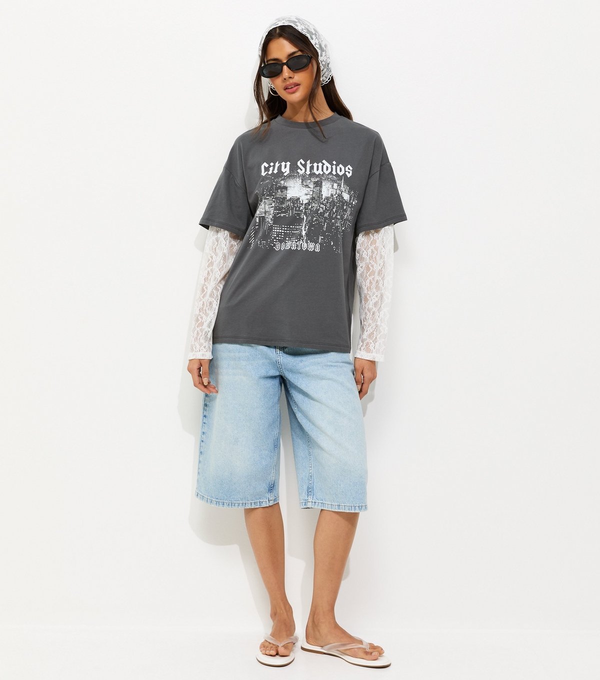 New Look Women's Dark Grey City Studios Print Lace Sleeve 2 In 1 T-Shirt New Look - 3