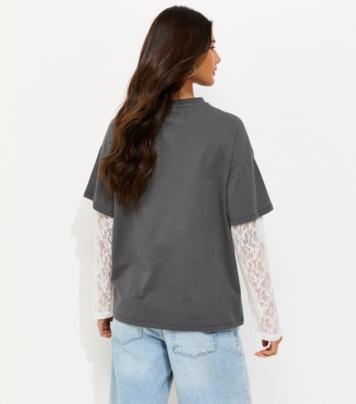 New Look Women's Dark Grey City Studios Print Lace Sleeve 2 In 1 T-Shirt New Look - 4