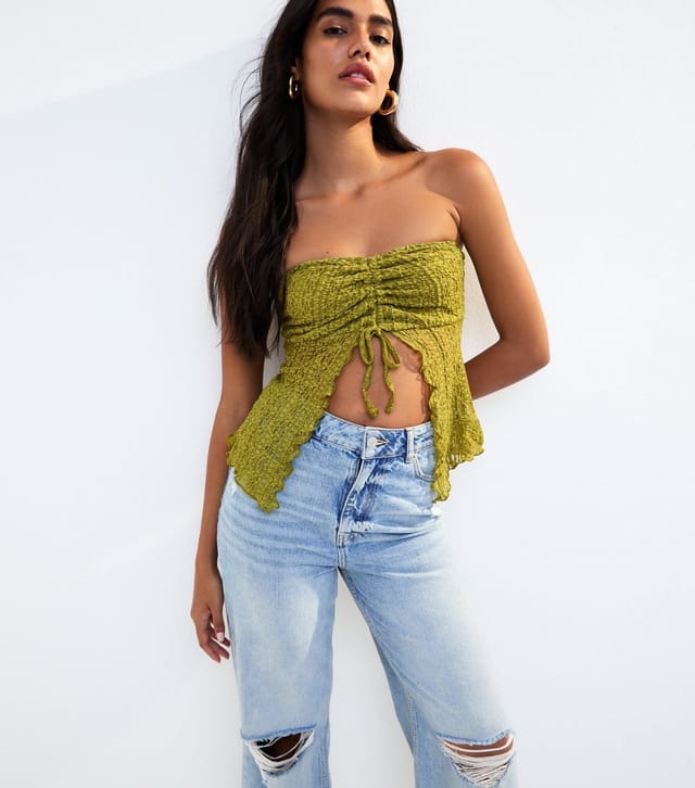 New Look Women's Light Green Lace Ruched Slit Hem Bandeau Top New Look - 3