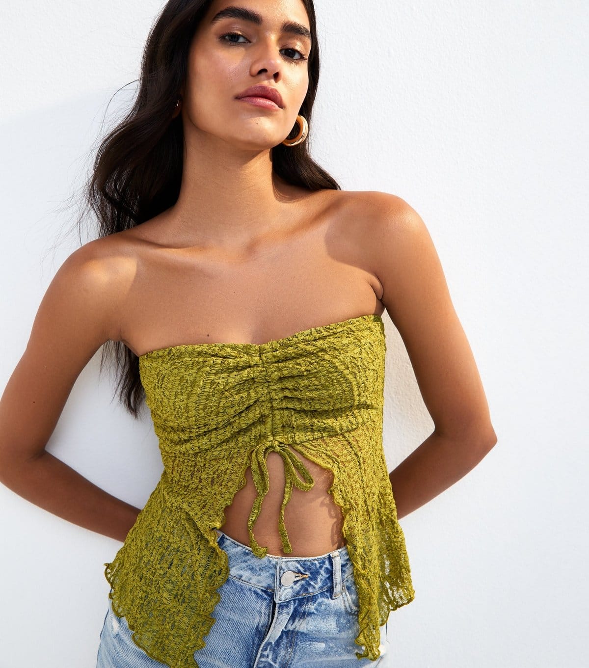 New Look Women's Light Green Lace Ruched Slit Hem Bandeau Top New Look - 4