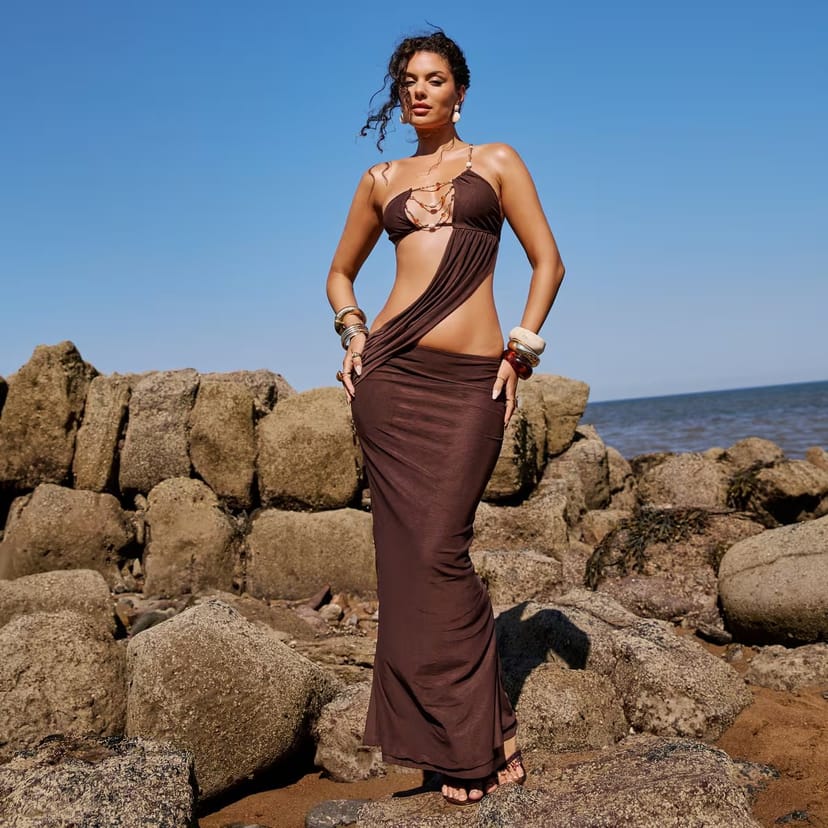 EGO One Shoulder Cut Out Beaded Detail Draped Maxi Dress In Chocolate Brown, Women's Size UK 6 - 1