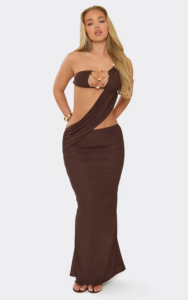 EGO One Shoulder Cut Out Beaded Detail Draped Maxi Dress In Chocolate Brown, Women's Size UK 6 - 2