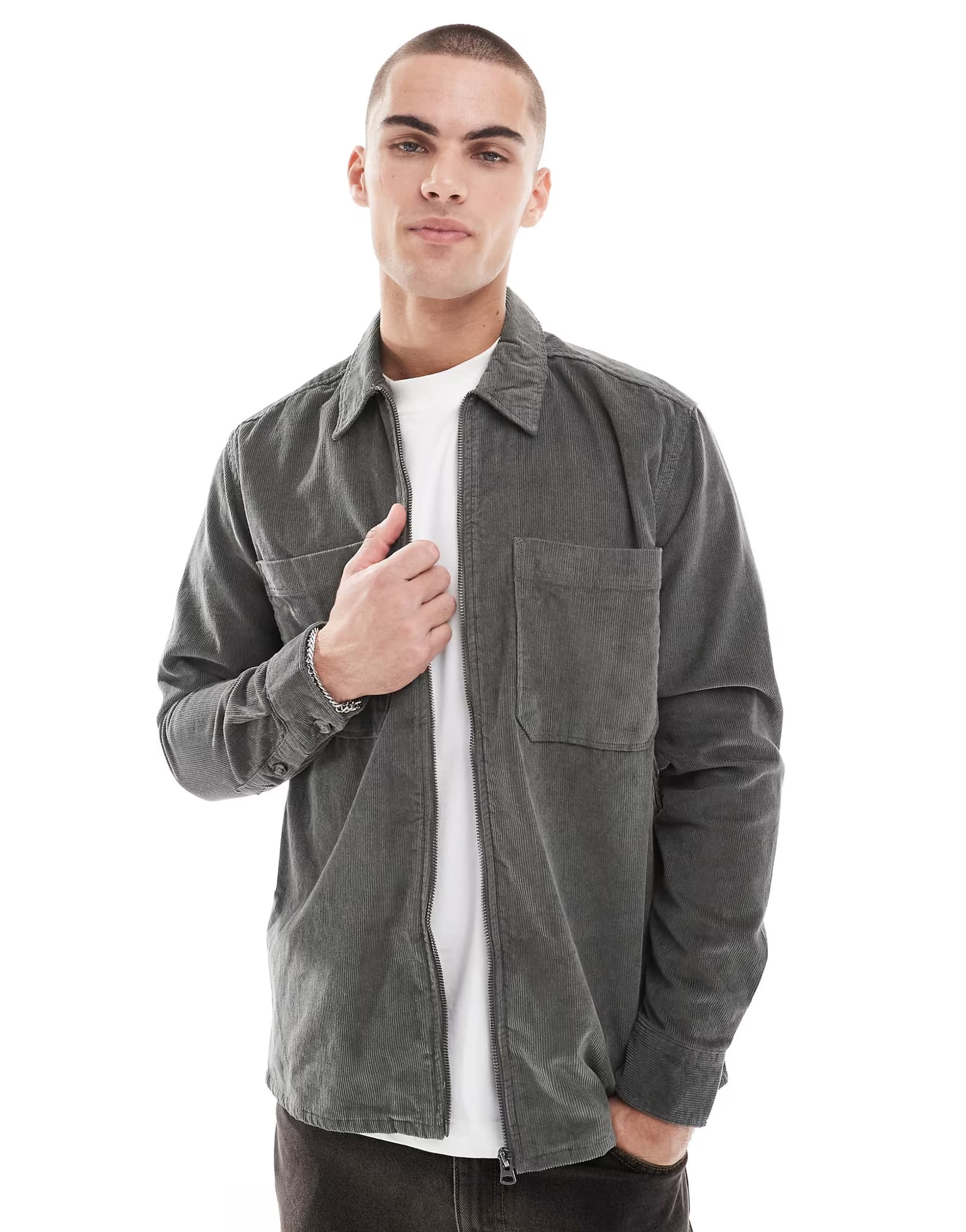 ASOS ONLY & SONS zip through cord overshirt in dark khaki
