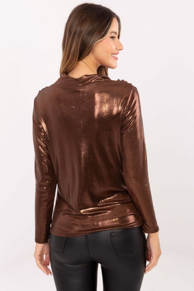 Love Lace Love Lace Women's Shimmer Pleated Draped Neck Blouse in Brown - 3