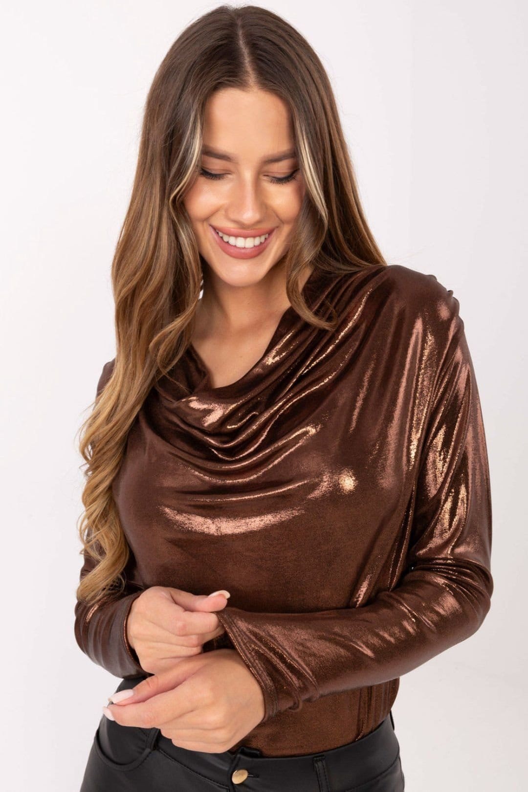 Love Lace Love Lace Women's Shimmer Pleated Draped Neck Blouse in Brown - 4