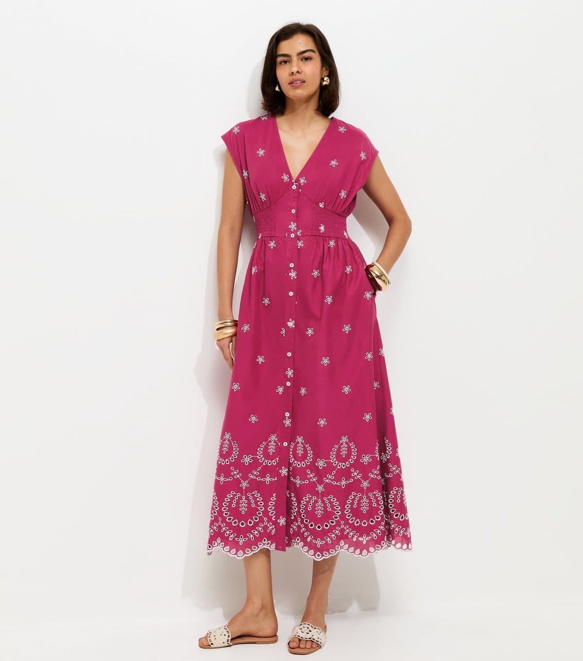 New Look Women's Pink Embroidered Sleeveless V Neck Midi Dress New Look