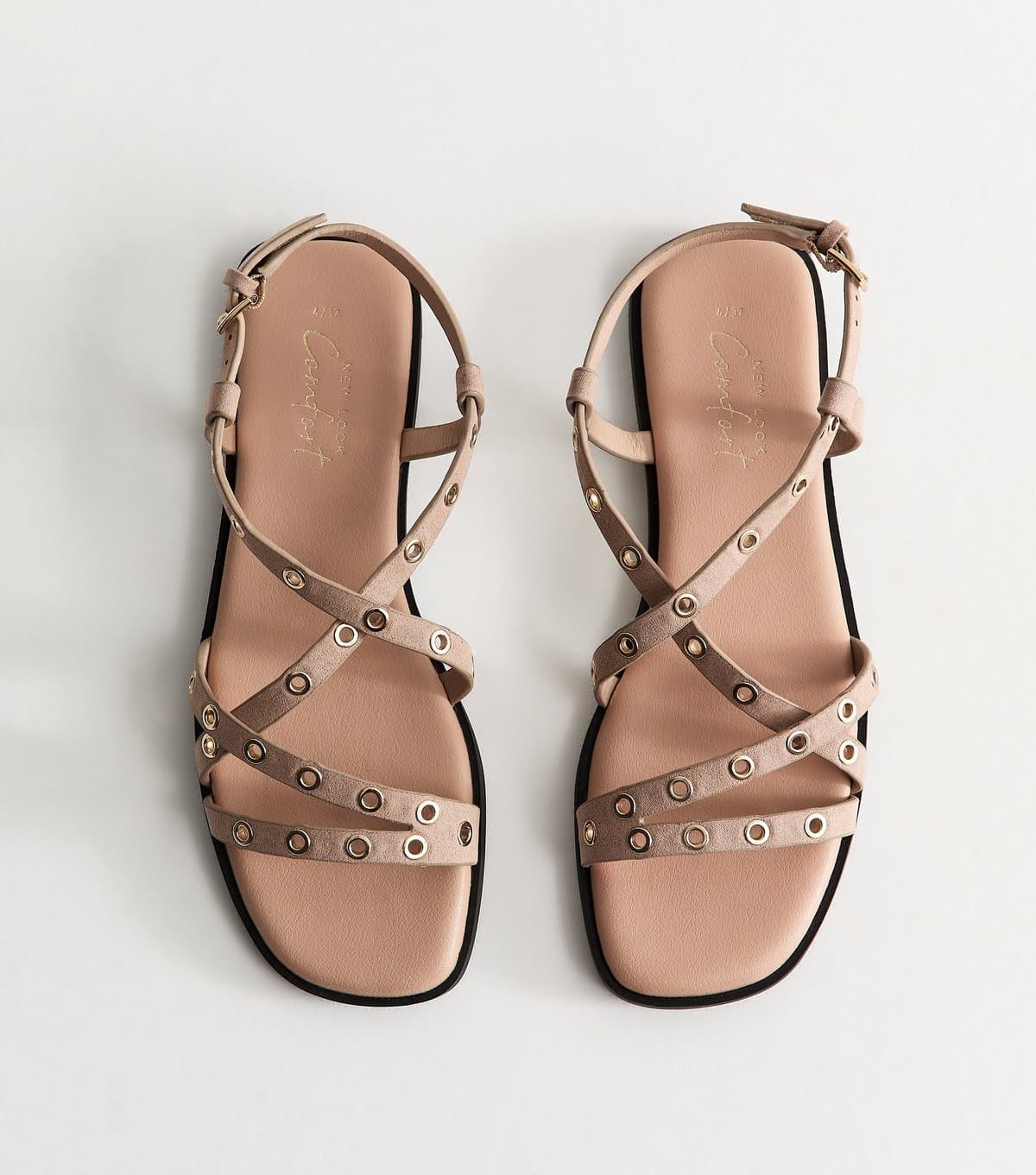 New Look Women's Light Brown Faux Suede Eyelet Embellished Multi Strap Flat Sandals Vegan New Look