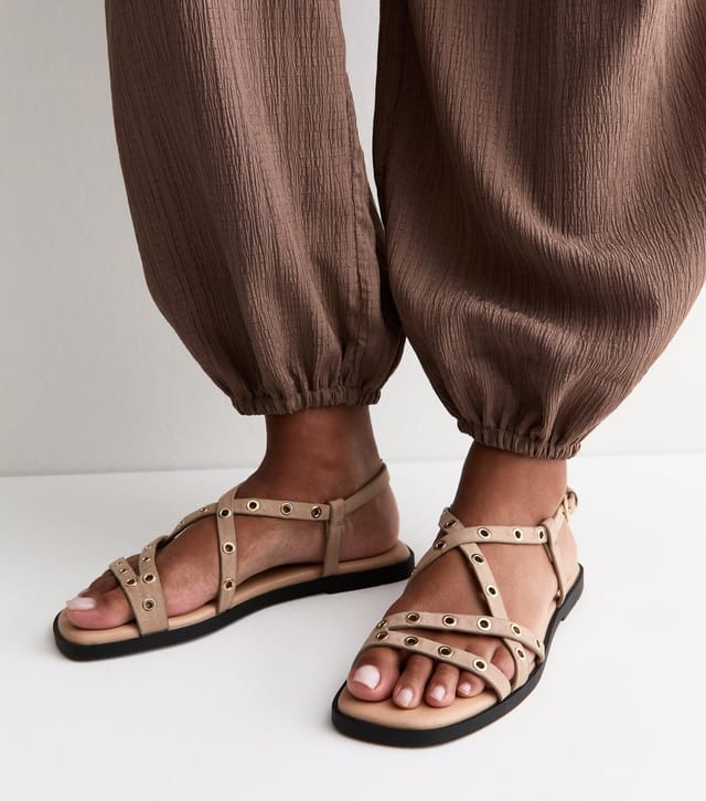 New Look Women's Light Brown Faux Suede Eyelet Embellished Multi Strap Flat Sandals Vegan New Look - 2