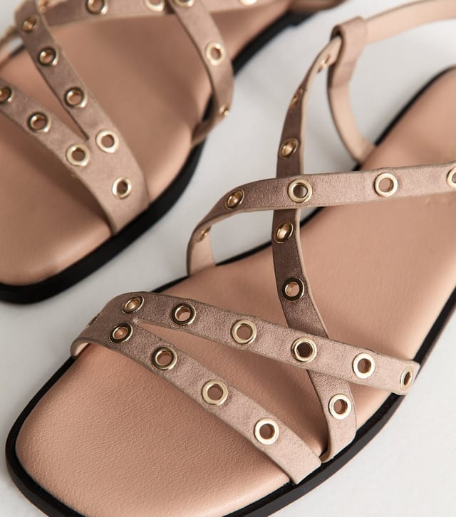 New Look Women's Light Brown Faux Suede Eyelet Embellished Multi Strap Flat Sandals Vegan New Look - 3