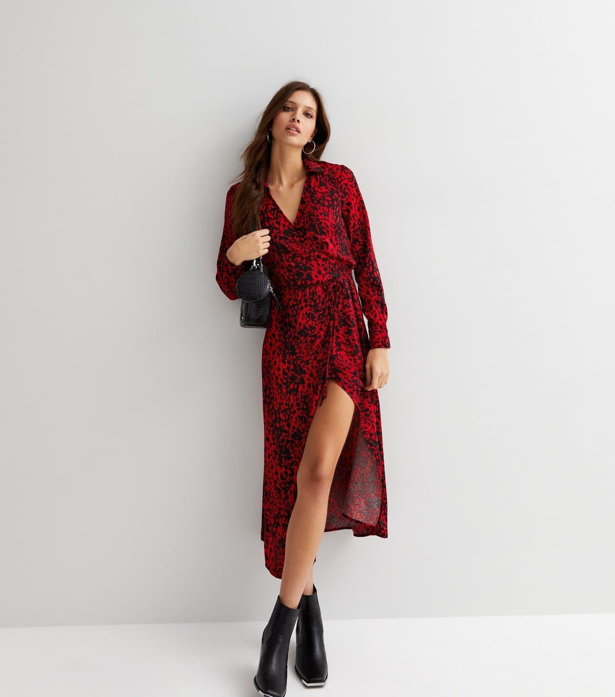 New Look Women's Red Leopard Print Long Sleeve Midi Wrap Dress New Look