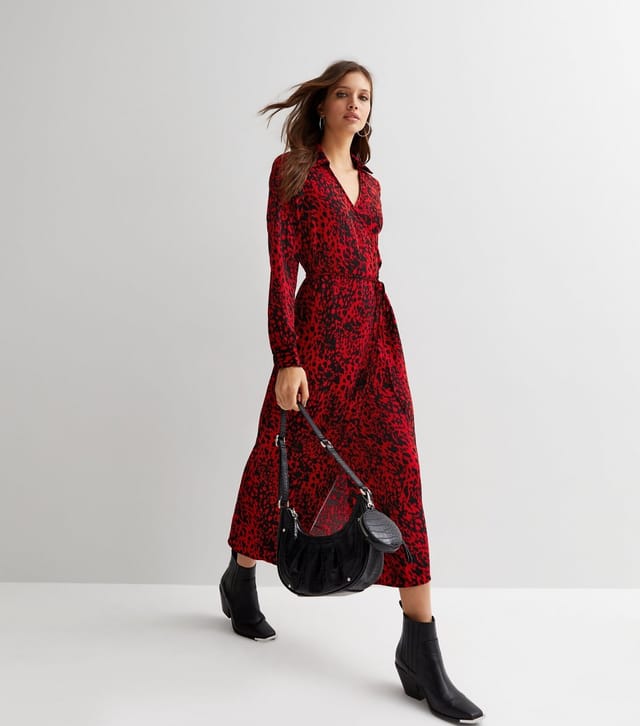 New Look Women's Red Leopard Print Long Sleeve Midi Wrap Dress New Look - 3