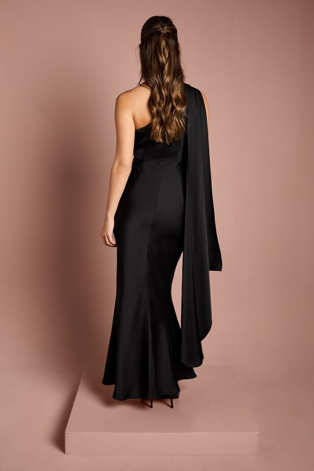 Coast Coast Women's One Shoulder Satin Maxi Bridesmaid Dress With Gold Trim in Black - 3