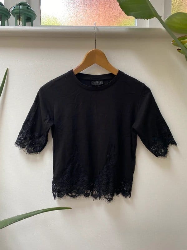 Topshop Black Lace Trim Cropped T-Shirt