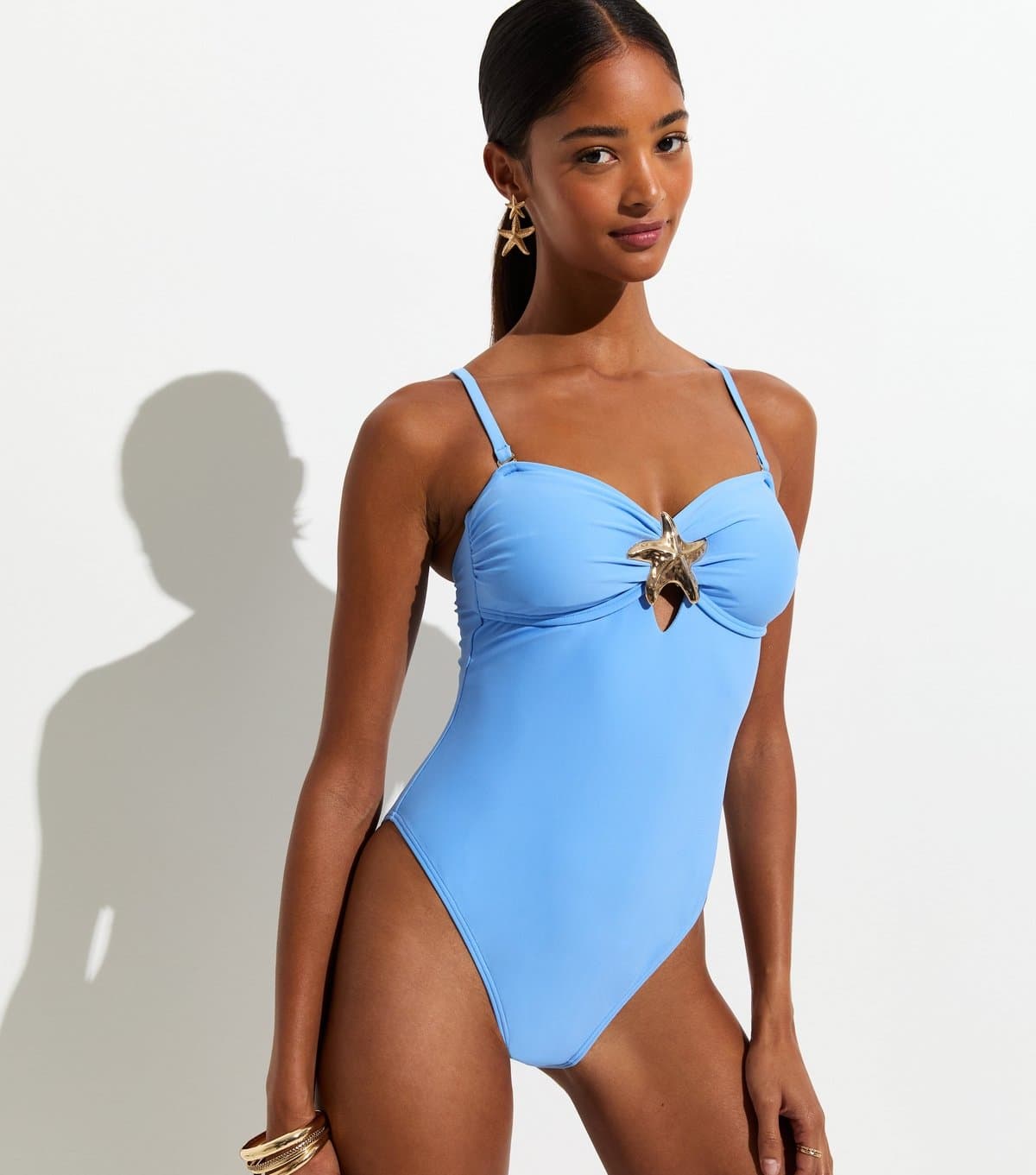 New Look Women's Blue Tummy Control Gold Tone Starfish Charm Swimsuit New Look