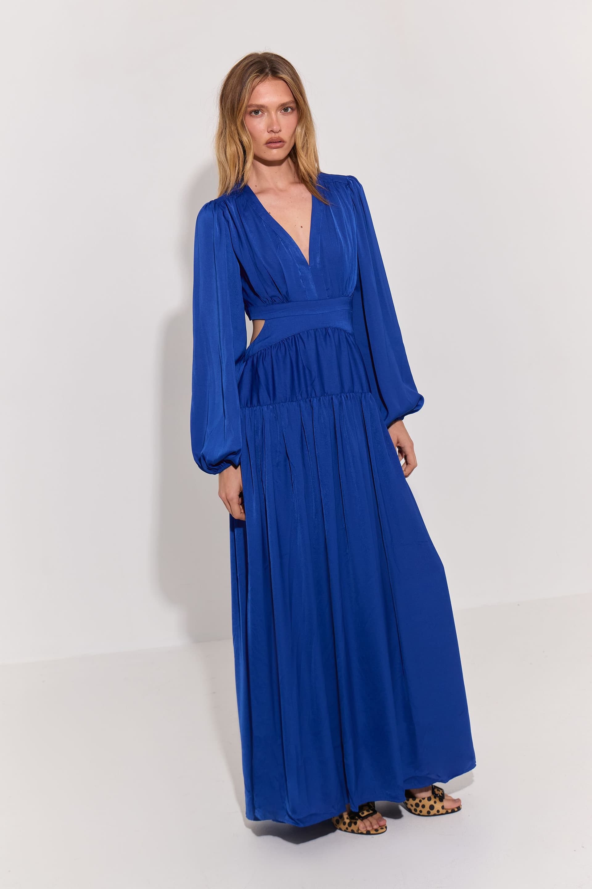 Warehouse Warehouse Women's Premium Satin Open Back Maxi Dress in Cobalt