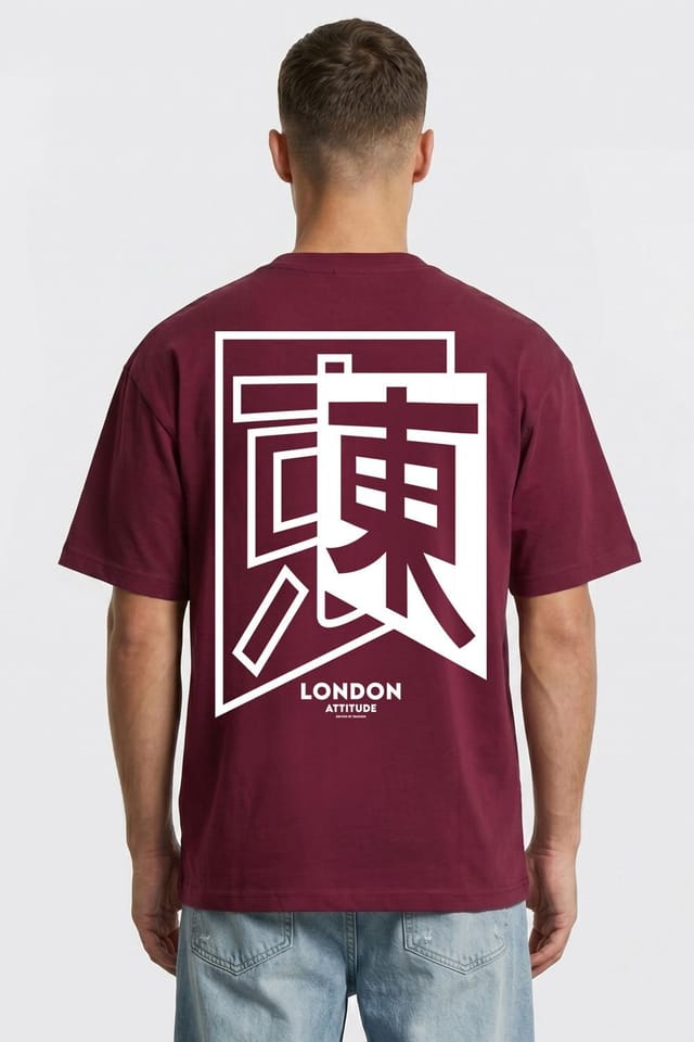 LONDON ATTITUDE LONDON ATTITUDE Men's Japanese inspired Oversized Heavyweight Cotton T-Shirt in Burgundy - 2