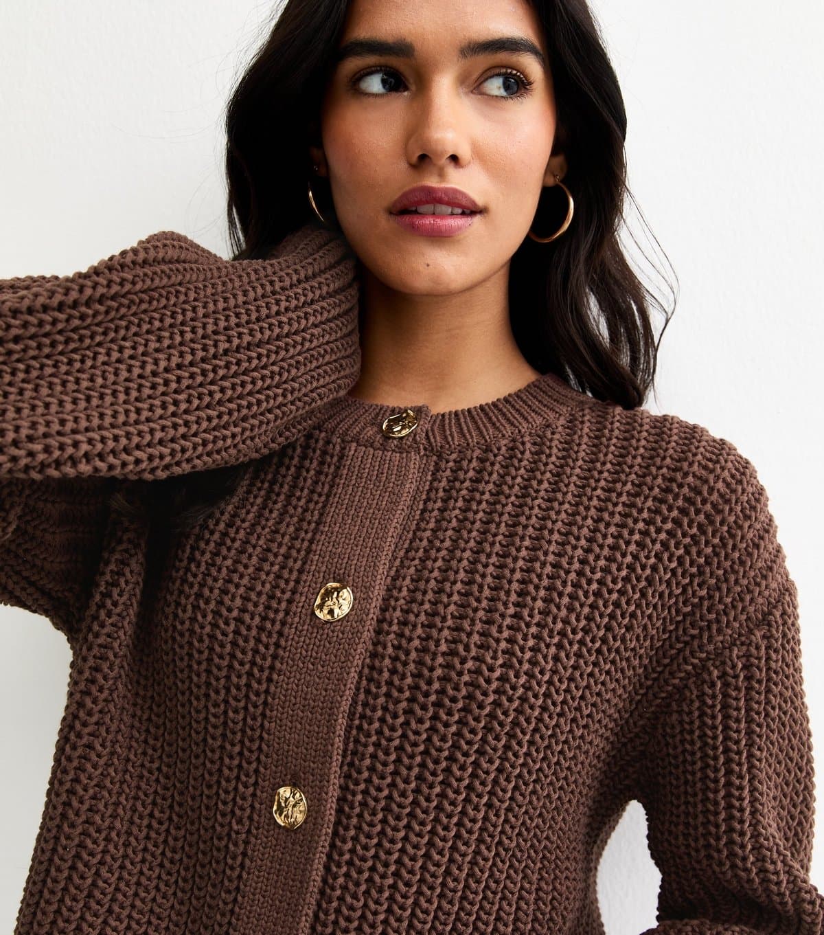 New Look Women's Dark Brown Hammered Button Cotton Rich Chunky Knit Cardigan New Look