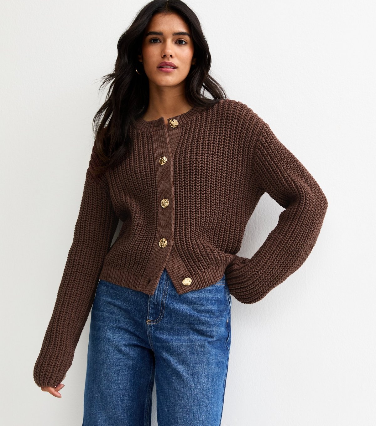 New Look Women's Dark Brown Hammered Button Cotton Rich Chunky Knit Cardigan New Look - 2