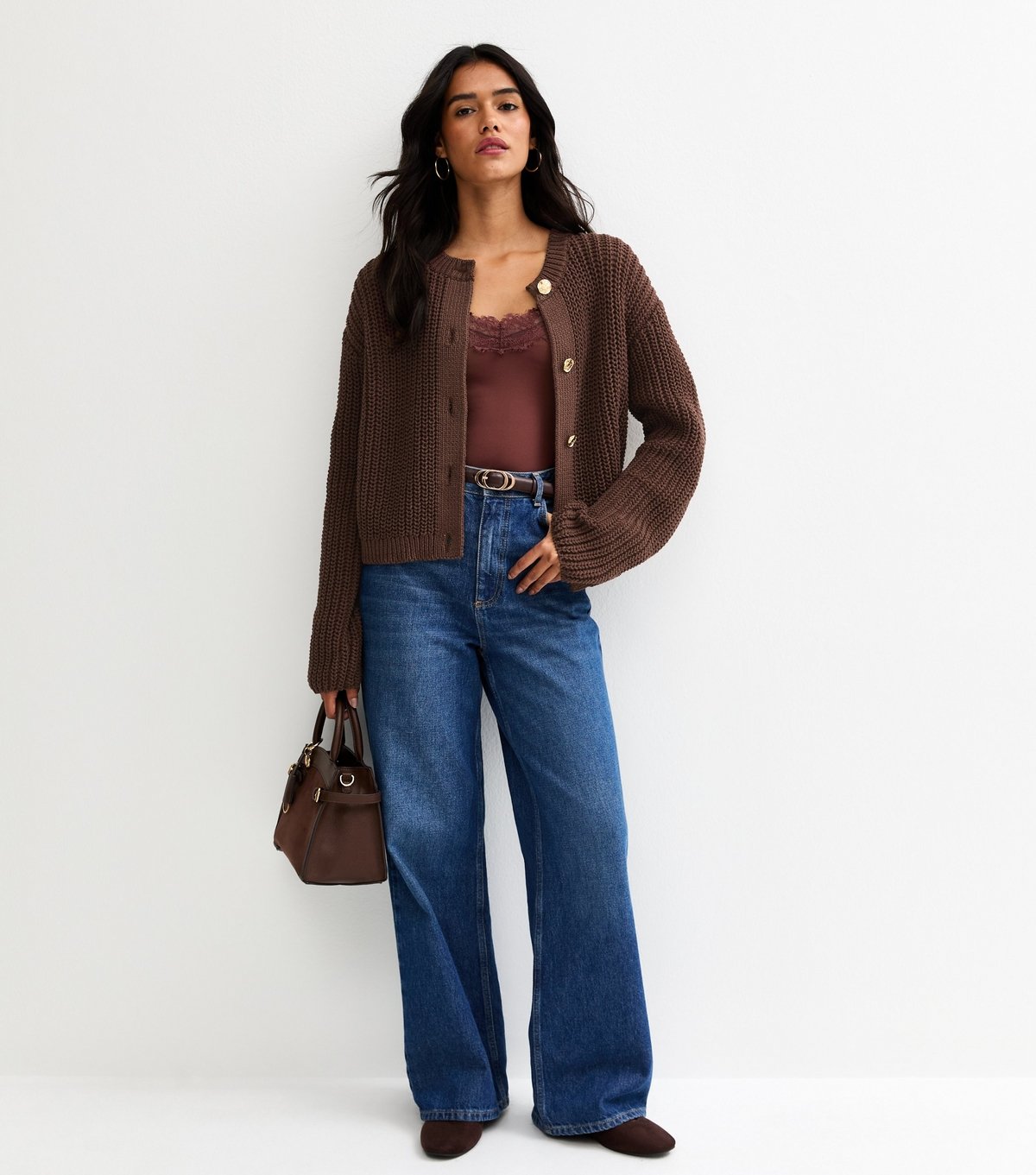 New Look Women's Dark Brown Hammered Button Cotton Rich Chunky Knit Cardigan New Look - 3