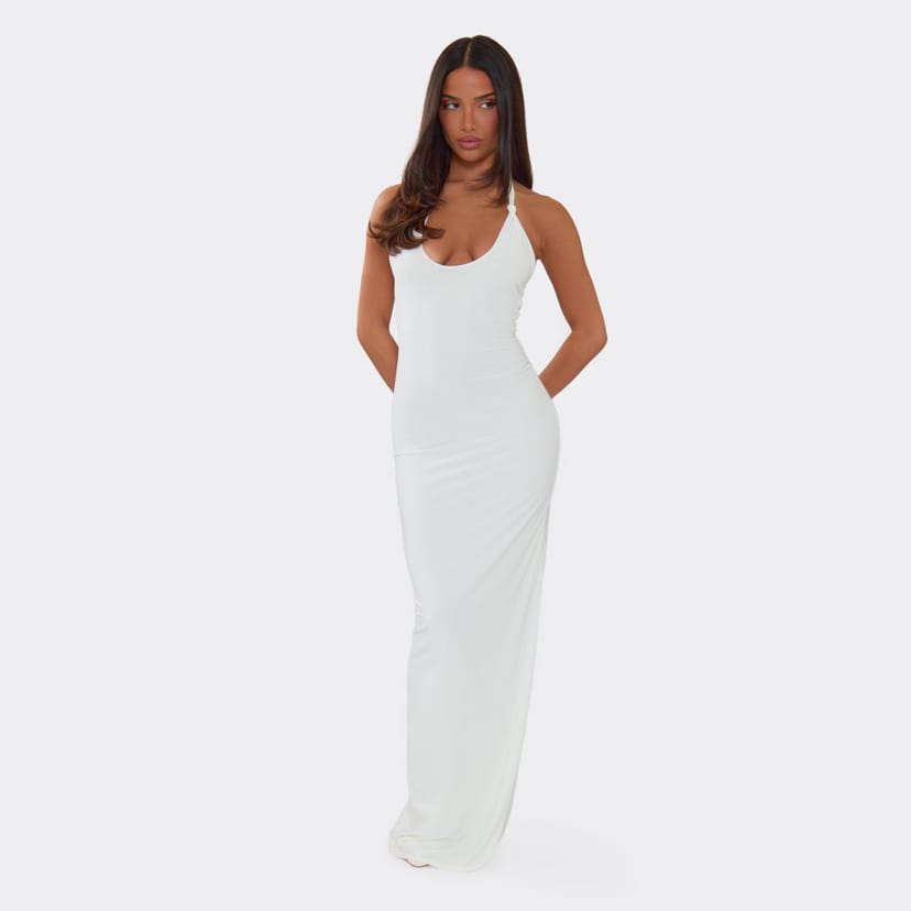 EGO Halterneck Knotted Strap Low Back Maxi Dress In White, Women's Size UK 14 - 1