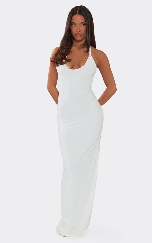 EGO Halterneck Knotted Strap Low Back Maxi Dress In White, Women's Size UK 14 - 2