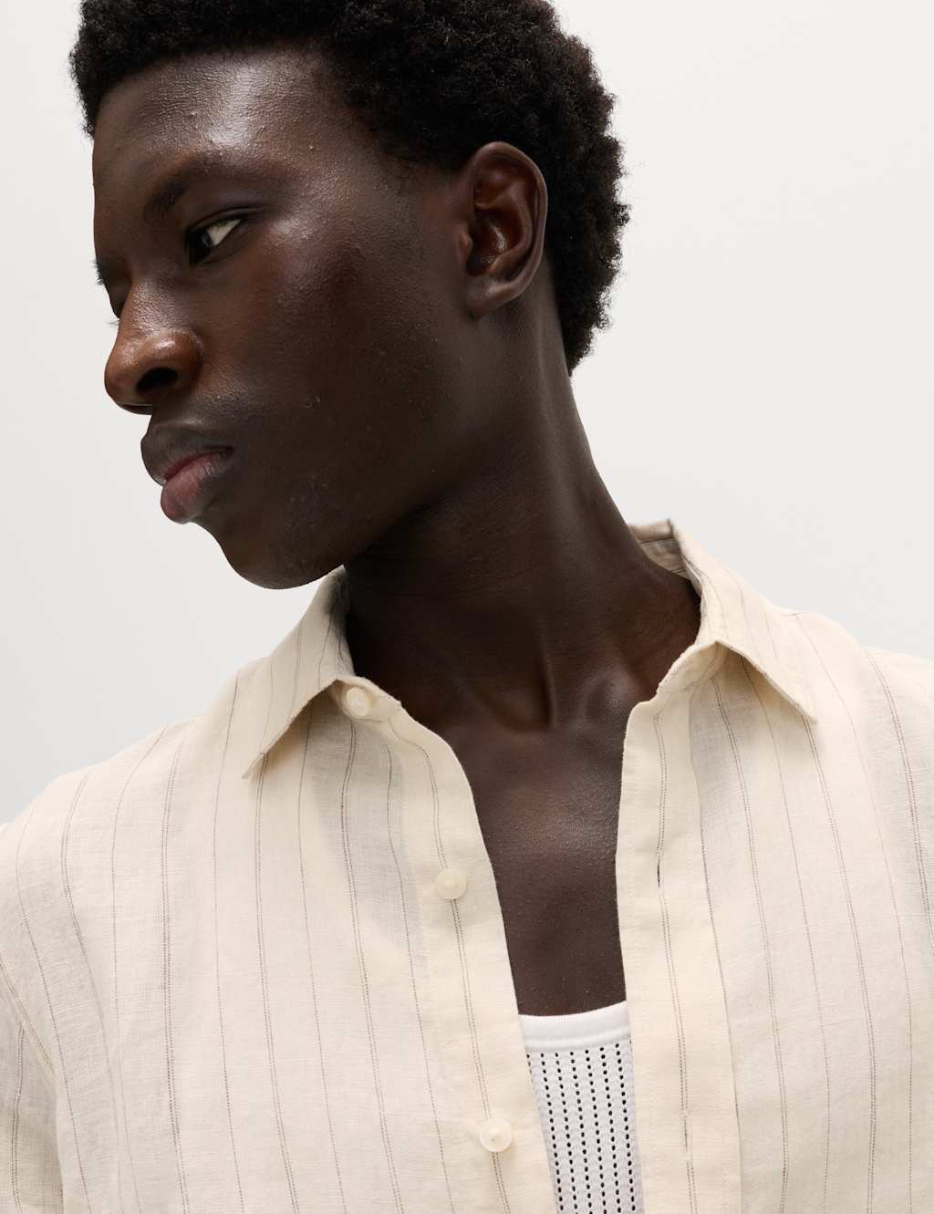 Marks & Spencer M&S Regular Fit Pure Linen Striped Shirt Ecru Mix - 3