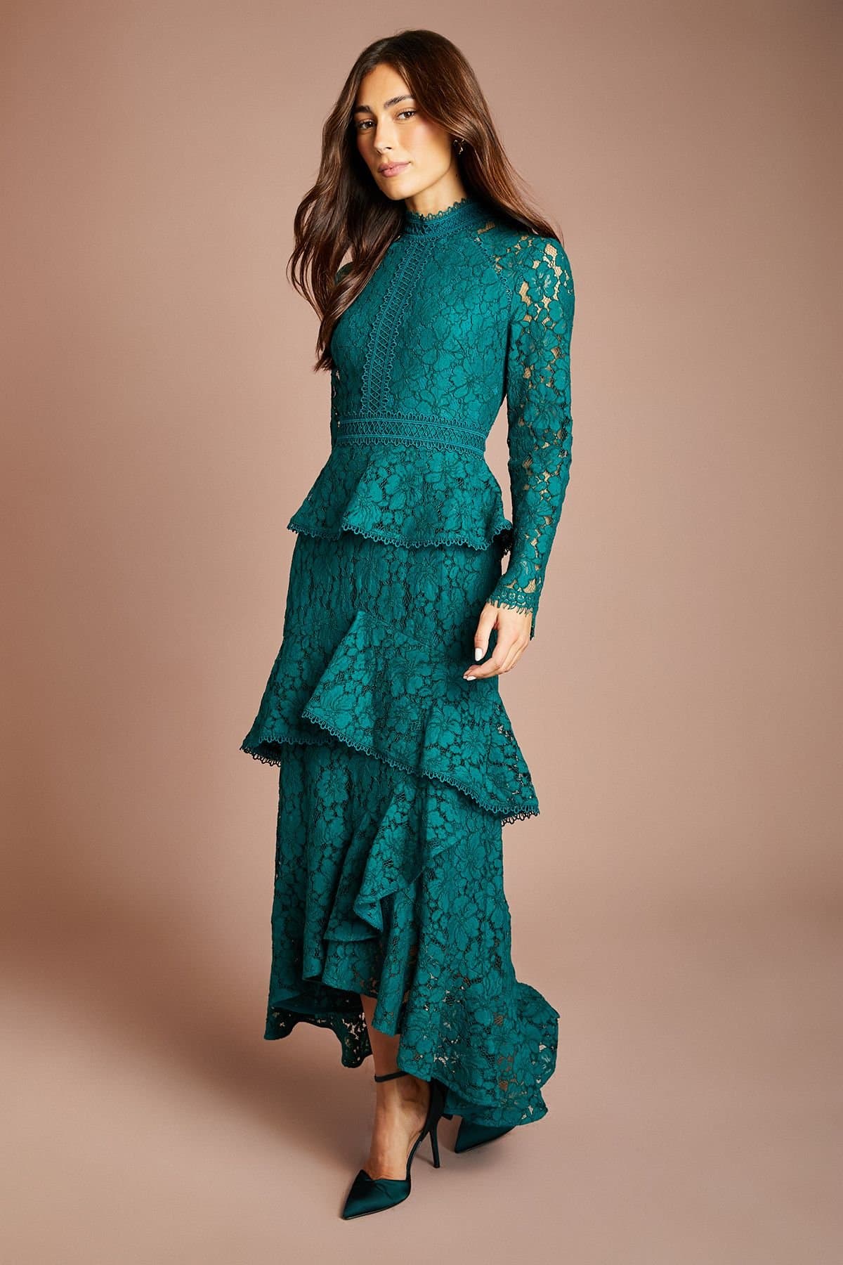 Coast Coast Women's Long Long Sleeve Peplum Ruffle Hem Midi Dress in Teal